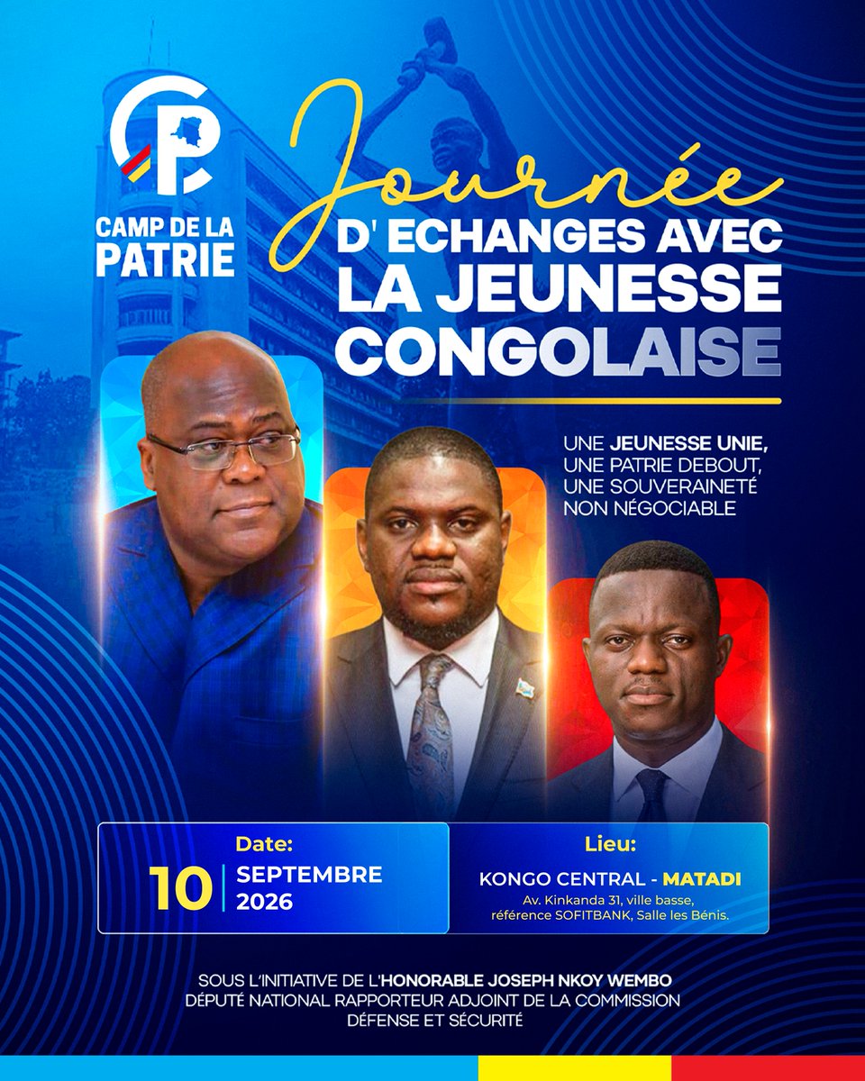 JNkoyWembo's tweet photo. 🚨🚨🚨🚨
UNE JEUNESSE UNIE,
UNE PATRIE DEBOUT,
UNE SOUVERAINETÉ NON NÉGOCIABLE.
Le CAMP DE LA PATRIE au Kong-Central chez notre Première Ministre @SuminwaJudith.
Toute ma gratitude au Gouverneur Grâce BILOLO @GraceBilolo d’avoir accepté de recevoir le CAMP de la PATRIE dans sa juridiction.
Ensemble, mobilisons-nous pour défendre notre PATRIE au côtés du Chef de l’État @fatshi13 .
