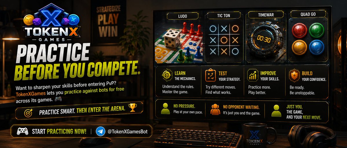 Tokenxgames's tweet photo. 🧠 Practice Before You Compete.

Want to sharpen your skills before entering PvP?

TokenXGames lets you practice against bots for free across its games. 🎮

Learn the mechanics.
Test your strategy.
Build your confidence.

No pressure.
No opponent waiting.

Just you, the game, and your next move. 🎯

🎮 Start practicing: @TokenXGamesBot
Practice smart. Then enter the arena. 🏆