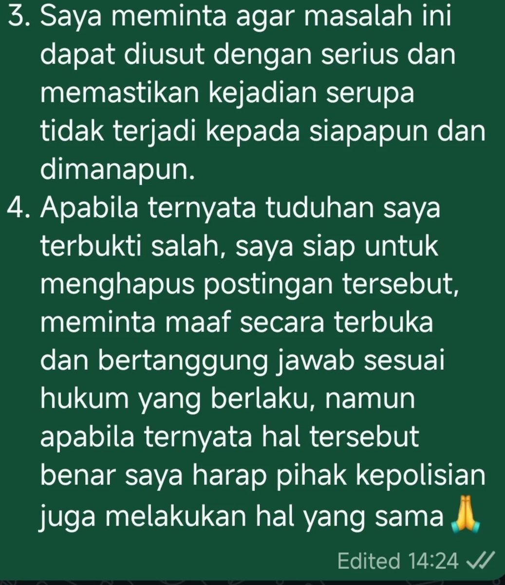 AishaZahraoa's tweet photo. Sebelumnya mohon maaf atas kegaduhan yang ada akibat postingan saya. Saya tidak mencari keributan, saya hanya meminta pertanggungjawaban.
Kalau yang saya sampaikan salah, saya siap bertanggung jawab. Tapi kalau benar, saya juga berharap pihak yang bersangkutan bertanggung jawab dan masalah ini diusut sebagaimana mestinya.
Saya memilih tidak melakukan mediasi dan tidak menghapus postingan sampai persoalan ini mendapatkan kejelasan.