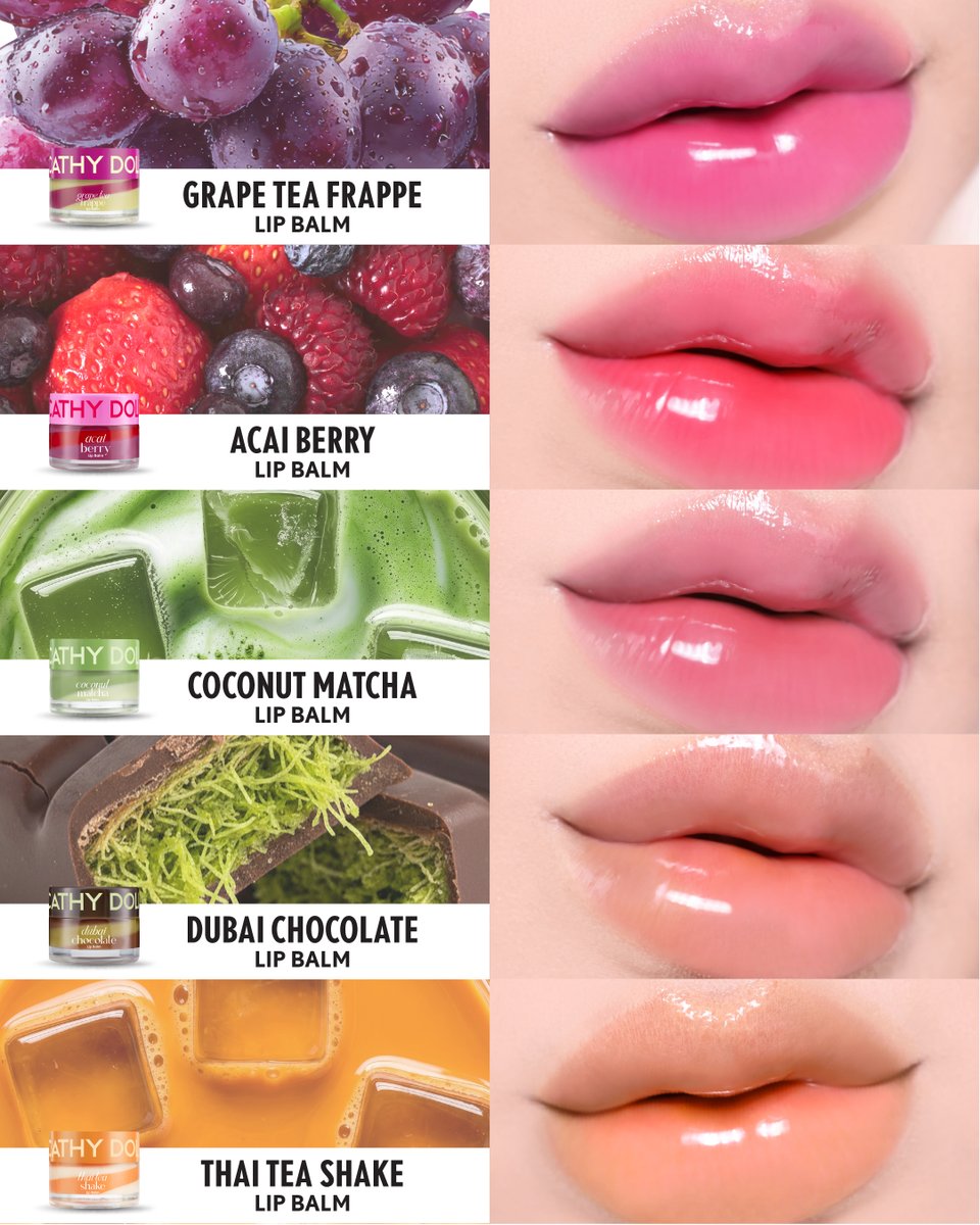 Cathydollclub's tweet photo. ปากฉ่ำน่าจุ๊บ หอมฟินจนอยากงับ 
กับลิปบาล์ม 5 สี 5 กลิ่นใหม่จาก CATHY DOLL 🍇🍓🍵🍫🧋
.
#CATHYDOLL 
#CATHYDOLLxORM
#ลิปบาล์มทูโทน 
#ลิปบาล์ม https://t.co/GOPm5jiUff