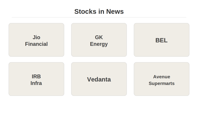 20kgup's tweet photo. Every morning I spend 1 hour reading market news. So you don't have to.                                  

Sharing the 6 stocks that are making headlines before markets open today       

JIO Financial Services, GK Energy, BEL, IRB Infra, Vedanta, Avenue Supermarts 

A thread 🧵- https://t.co/ns0GqOqRdv