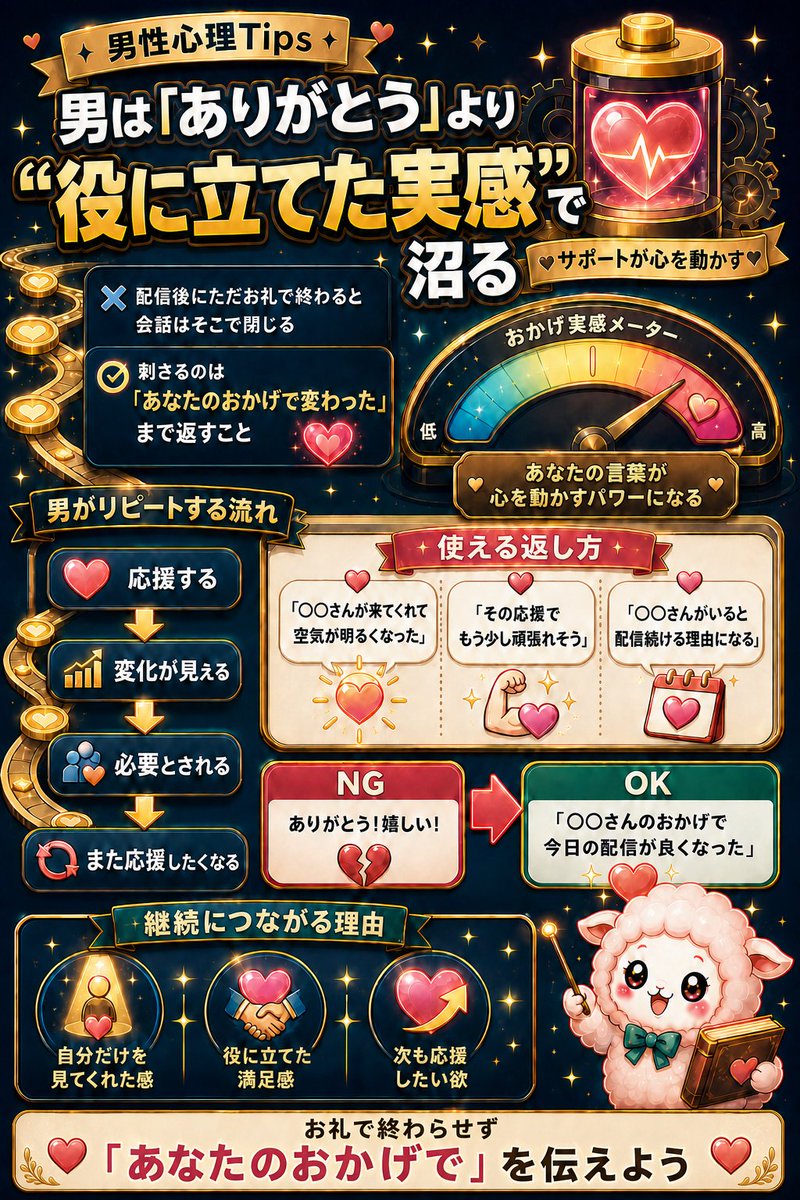 mof2025's tweet photo. 応援への返事を
「ありがとう」だけで終わらせていませんか？

男性の心を動かすのは、
“自分の応援が役に立った”という実感💓

「〇〇さんのおかげで今日の配信が長くできた」
「その応援でもう少し頑張れそう」

変化や影響まで伝えることで、
「また応援したい」につながります✨

モフのダウンロードはこちら
https://t.co/OF5SdlPIMm

#ライブ配信 #モフ