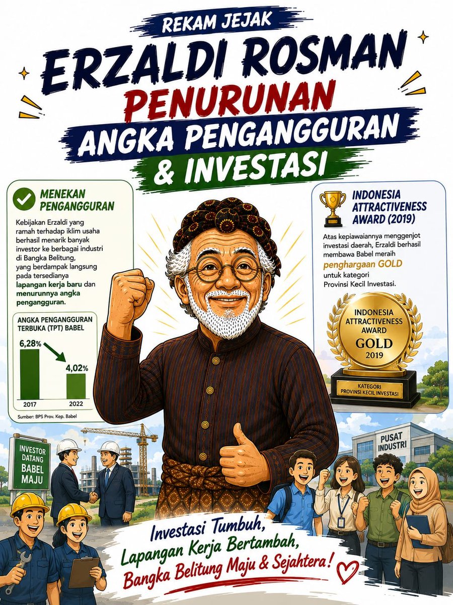 entikmlenuk's tweet photo. Rekam jejak Erzaldi Rosman terbukti nyata! Lewat kebijakan ramah investasi, pengangguran di Babel berhasil ditekan dari 6,28% jadi 4,02%. Bukti kerja fokus untuk lapangan kerja rakyat!
#GrabFoodถูกกว่าชัวร์TRIP #balisoundtrack Jersey Nepal https://t.co/01jtuqH6QY