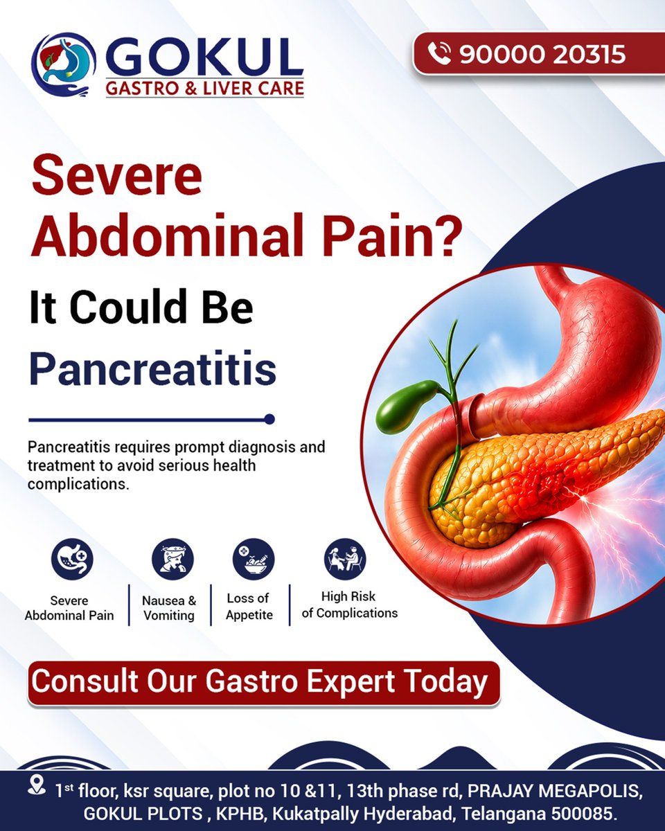 GokulGastro's tweet photo. Severe Abdominal Pain? It Could Be Pancreatitis
Pancreatitis requires prompt diagnosis &amp; treatment to avoid serious health complications!
• Severe Abdominal Pain
• Nausea &amp; Vomiting
• Loss of Appetite
• High Risk of Complications
Consult our gastro experts today
📞90000 20315 https://t.co/A4I0YGsKgO