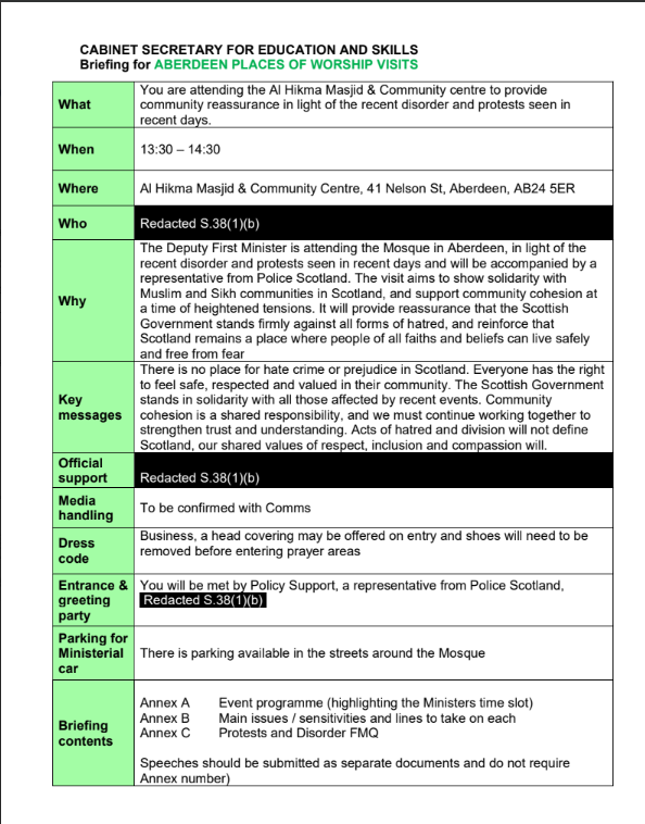 MyDugAlbie's tweet photo. “Heightened tensions.” Their words. Not mine.

Here is the 13th June Scottish Government briefing for a mosque visit in Aberdeen.

The minister did not walk in cold. She was handed a script full of the usual Welcoming nation talking points. 
Hate. Intimidation.
That's how they describe concerned citizens.

They'll wear the headscarf and take their shoes off but won't listen to YOU.
rest of FOI response in comments.