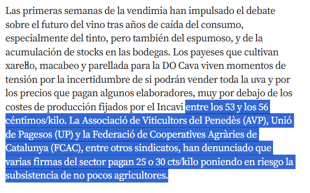 AzaresyC's tweet photo. En el Penedès, la acumulación de existencias y la menor demanda de vino y cava están dejando uva sin comprador y precios de 25 a 37 céntimos por kilo, frente a costes estimados entre 53 y 56 céntimos. https://t.co/0Pzo9pTvTP