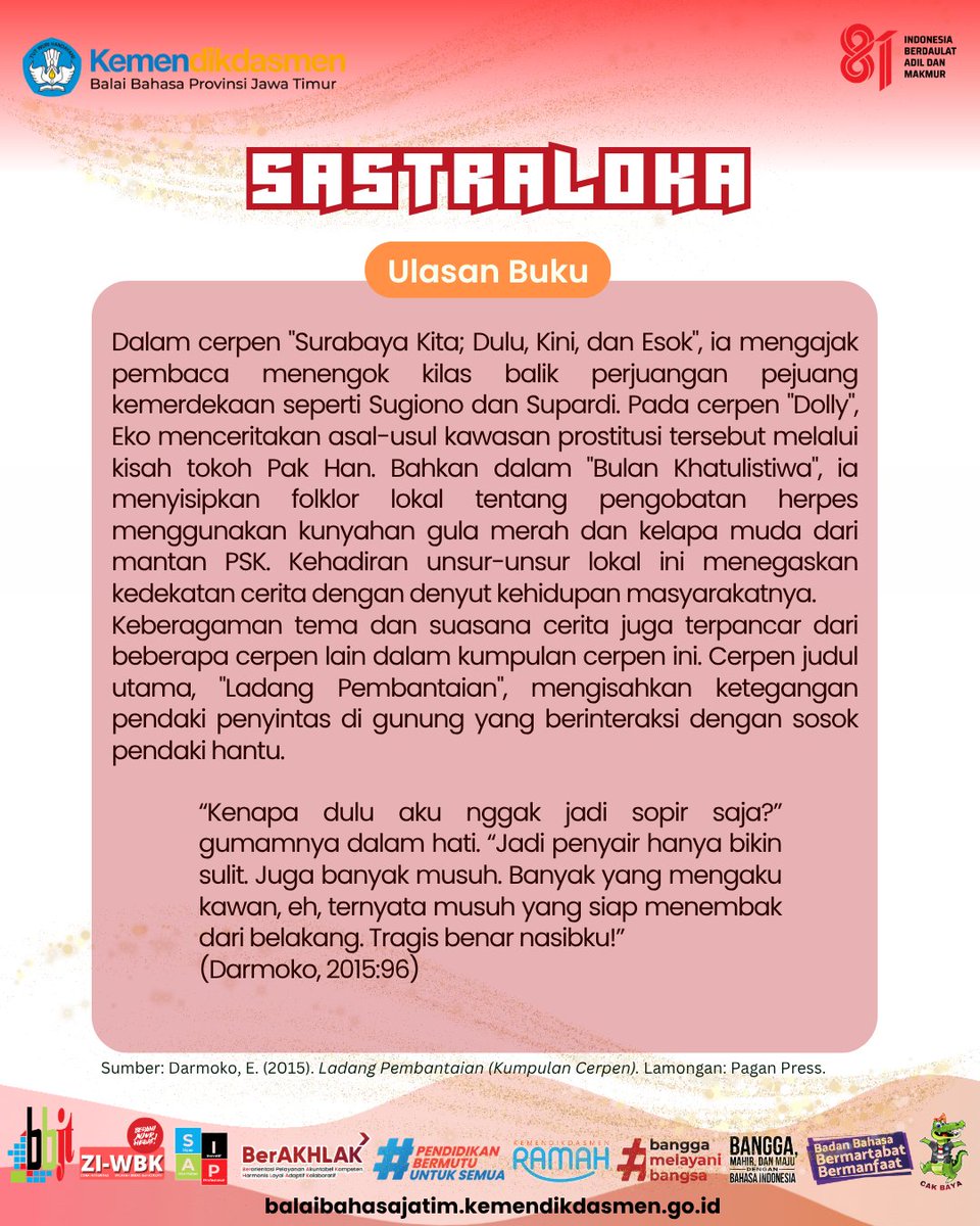 BB_Jatim's tweet photo. Rubrik Sastraloka hari ini menampilkan kumpulan cerpen berjudul Ladang Pembantaian karya Eko Darmoko. Kumpulan cerpen Ladang Pembantaian karya Eko Darmoko menghadirkan ruang fiksional yang unik melalui pengolahan pengalaman sehari-hari menjadi narasi yang memikat. https://t.co/Qw8Nq6xWNS