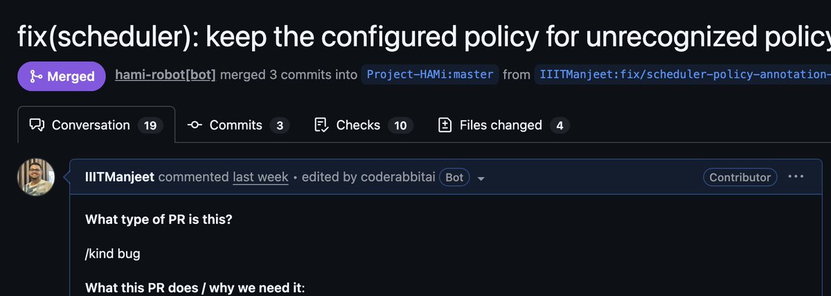 ManjeetPathak06's tweet photo. Just got my first PR merged into Project_HAMi
I added validation + safe fallback to the configured policy, warnings for invalid values, and test coverage across the placement path.
#OpenSource #Kubernetes #CNCF #Go #GPU https://t.co/65M7Uu6Ys7