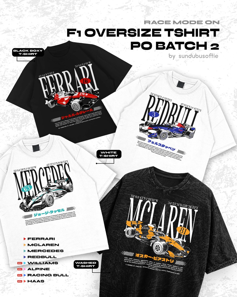 sundubusoftie's tweet photo. [RTs &amp; Like are really appreciated 🏁]

✨PO OVERSIZE T-SHIRT F1 BATCH-2 by.sundubusoftie ✨

🗓️ 27 Agustus - 11 September 2026
📍Kota Bandung

Link order:
https://t.co/MFNvVomK4N
✈️ International shipping available! DM for more information

Detail desain &amp; ukuran ada dibawah 👇 https://t.co/LvQvEE6Hoc
