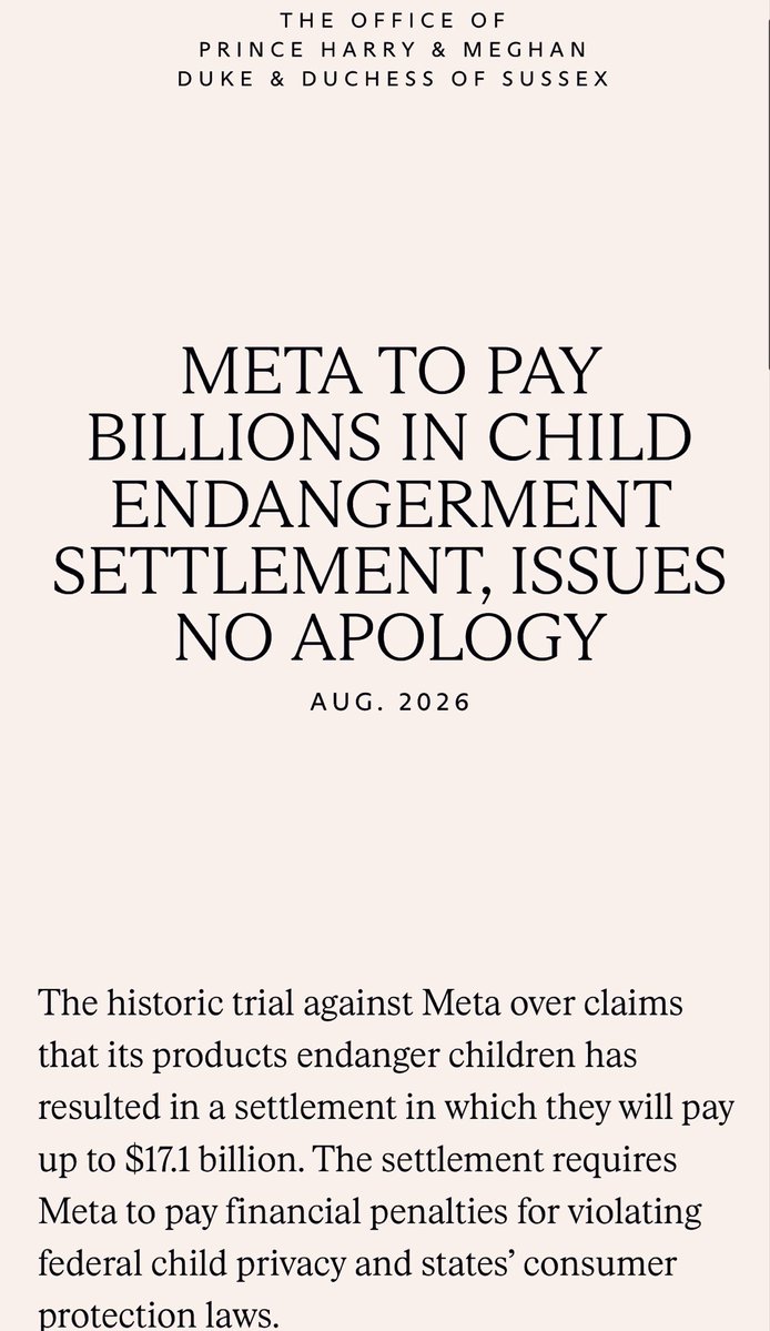 ChrisBaronSmit1's tweet photo. 🆕 SUSSEX UPDATE | META TO PAY BILLIONS IN CHILD ENDANGERMENT SETTLEMENT 

Prince Harry and Meghan celebrate with the parent and youth partners, legal and policy experts, and allies everywhere fighting for accountability. 

“As always, we stand with them”

https://t.co/qOLsdATw0E https://t.co/u60Q3tF6ZI