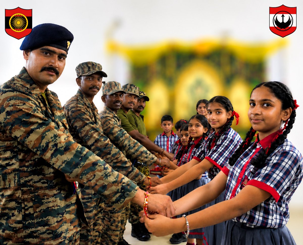 VajraCorps_IA's tweet photo. 🇮🇳 𝐀 𝐓𝐡𝐫𝐞𝐚𝐝 𝐨𝐟 𝐋𝐨𝐯𝐞. 𝐀𝐧 𝐔𝐧𝐛𝐫𝐞𝐚𝐤𝐚𝐛𝐥𝐞 𝐁𝐨𝐧𝐝.

Celebrating the 𝐬𝐩𝐢𝐫𝐢𝐭 𝐨𝐟 #𝐑𝐚𝐤𝐬𝐡𝐚𝐁𝐚𝐧𝐝𝐡𝐚𝐧, children and women tied Rakhis to #𝐕𝐚𝐣𝐫𝐚𝐂𝐨𝐫𝐩𝐬 𝐰𝐚𝐫𝐫𝐢𝐨𝐫𝐬—symbolising 𝐚𝐟𝐟𝐞𝐜𝐭𝐢𝐨𝐧, 𝐭𝐫𝐮𝐬𝐭 𝐚𝐧𝐝 𝐭𝐡𝐞 𝐞𝐧𝐝𝐮𝐫𝐢𝐧𝐠 𝐛𝐨𝐧𝐝 𝐨𝐟 𝐩𝐫𝐨𝐭𝐞𝐜𝐭𝐢𝐨𝐧.

राखी का बंधन। सुरक्षा का संकल्प।
ਰੱਖੜੀ ਦਾ ਬੰਧਨ। ਸੁਰੱਖਿਆ ਦਾ ਸੰਕਲਪ।

#IndianArmy #VajraCorps #DefendersOfPunjab #WesternCommand #Rakshabandhan #RakshaBandhan
