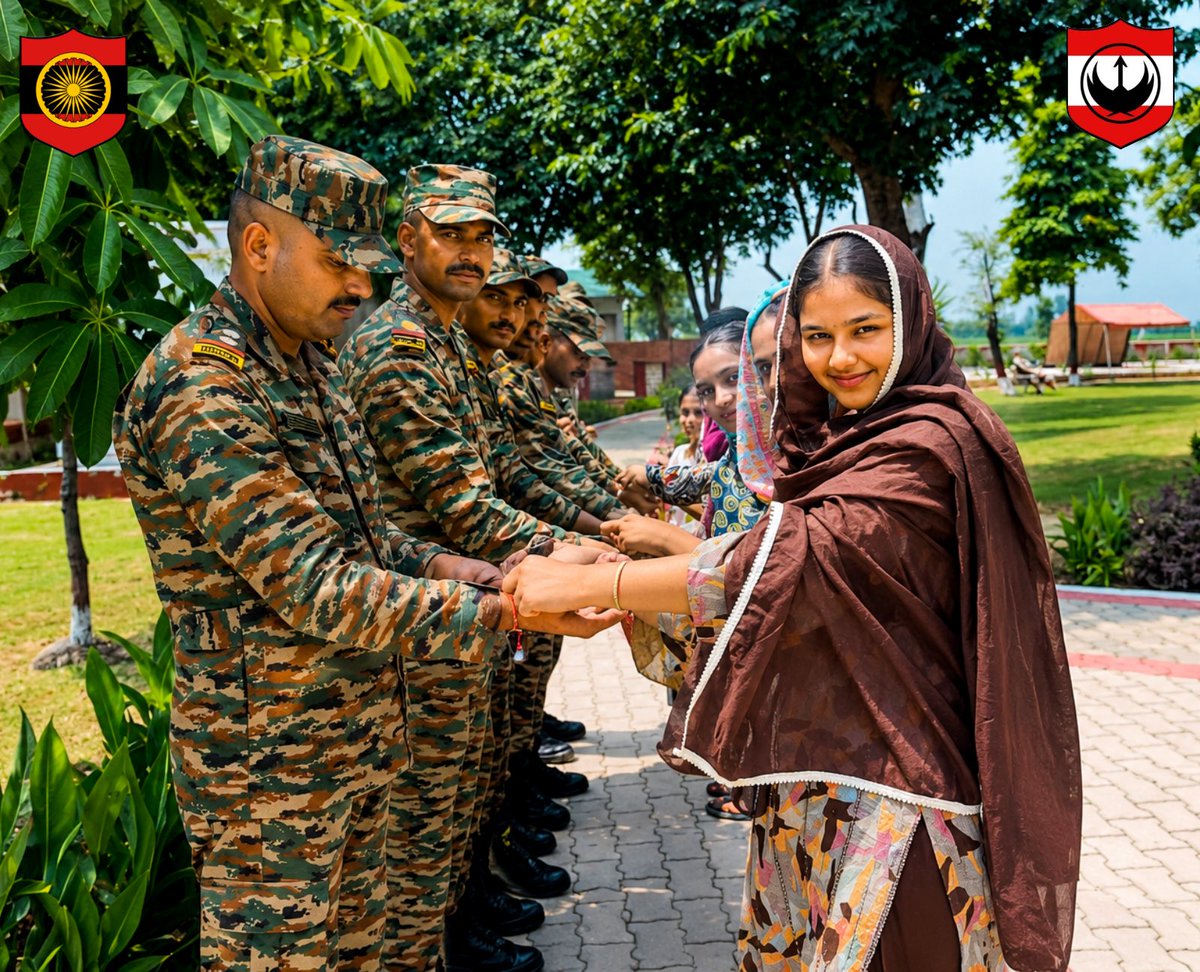 VajraCorps_IA's tweet photo. 🇮🇳 𝐀 𝐓𝐡𝐫𝐞𝐚𝐝 𝐨𝐟 𝐋𝐨𝐯𝐞. 𝐀𝐧 𝐔𝐧𝐛𝐫𝐞𝐚𝐤𝐚𝐛𝐥𝐞 𝐁𝐨𝐧𝐝.

Celebrating the 𝐬𝐩𝐢𝐫𝐢𝐭 𝐨𝐟 #𝐑𝐚𝐤𝐬𝐡𝐚𝐁𝐚𝐧𝐝𝐡𝐚𝐧, children and women tied Rakhis to #𝐕𝐚𝐣𝐫𝐚𝐂𝐨𝐫𝐩𝐬 𝐰𝐚𝐫𝐫𝐢𝐨𝐫𝐬—symbolising 𝐚𝐟𝐟𝐞𝐜𝐭𝐢𝐨𝐧, 𝐭𝐫𝐮𝐬𝐭 𝐚𝐧𝐝 𝐭𝐡𝐞 𝐞𝐧𝐝𝐮𝐫𝐢𝐧𝐠 𝐛𝐨𝐧𝐝 𝐨𝐟 𝐩𝐫𝐨𝐭𝐞𝐜𝐭𝐢𝐨𝐧.

राखी का बंधन। सुरक्षा का संकल्प।
ਰੱਖੜੀ ਦਾ ਬੰਧਨ। ਸੁਰੱਖਿਆ ਦਾ ਸੰਕਲਪ।

#IndianArmy #VajraCorps #DefendersOfPunjab #WesternCommand #Rakshabandhan #RakshaBandhan