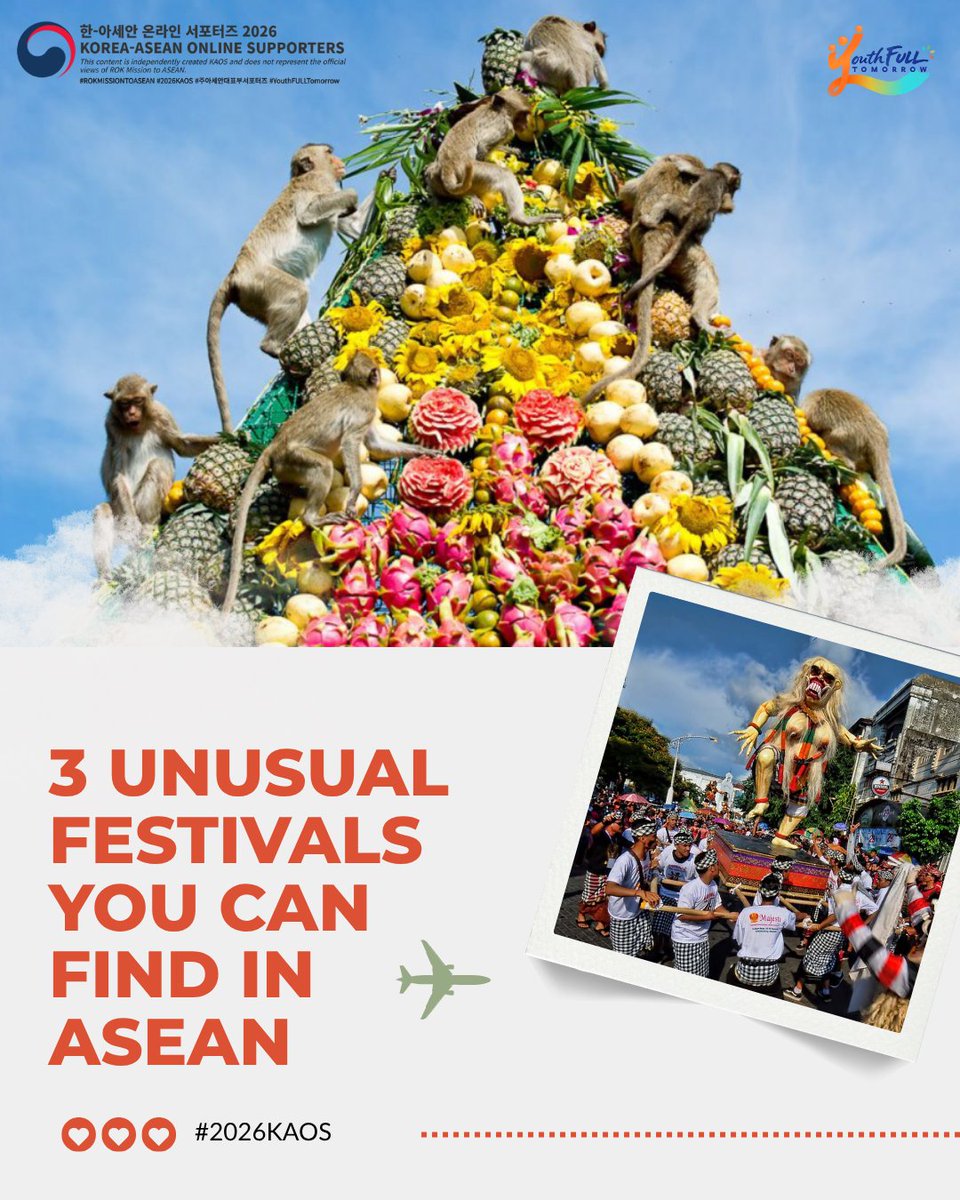 sanniebestboy99's tweet photo. Here are "3 Unusual Festivals You Can Find in ASEAN" that might surprise you! 🐒🎭🌴
Which one would you want to experience? 👇
@ROKASEAN1989
#2026KAOS #ASEAN #주아세안대표부서포터즈 #koreaaseanonlinesupporters #한아세안온라인서포터즈 #rokmissiontoasean #YouthFULLTomorrow https://t.co/DElm3MUJTz