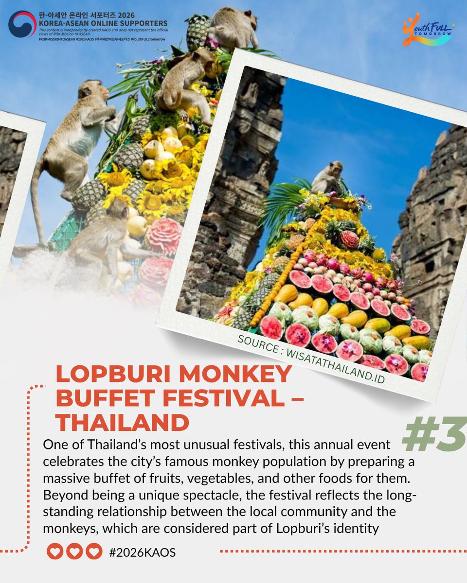 sanniebestboy99's tweet photo. Here are "3 Unusual Festivals You Can Find in ASEAN" that might surprise you! 🐒🎭🌴
Which one would you want to experience? 👇
@ROKASEAN1989
#2026KAOS #ASEAN #주아세안대표부서포터즈 #koreaaseanonlinesupporters #한아세안온라인서포터즈 #rokmissiontoasean #YouthFULLTomorrow https://t.co/DElm3MUJTz