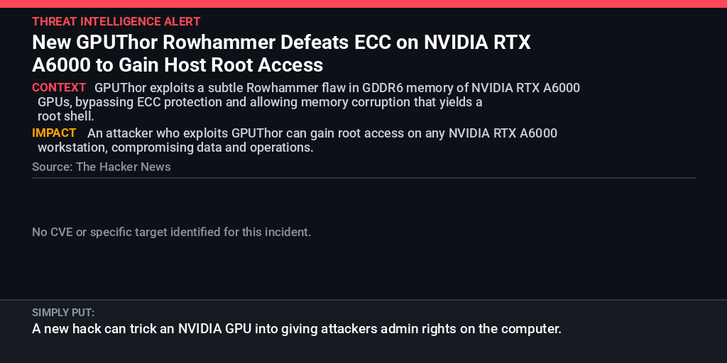 NewsDaily18579's tweet photo. 🔴 GPUThor Rowhammer attack defeats ECC on NVIDIA RTX A6000, giving attackers root shell. Via The Hacker News #GPUThor #CyberSecurity https://t.co/nQapPEiHxA