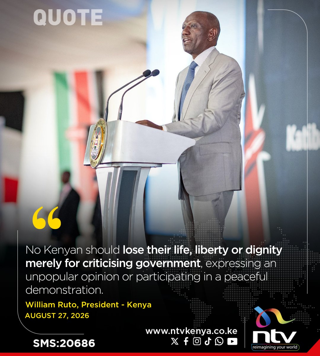 ntvkenya's tweet photo. President Ruto: No Kenyan should lose their life, liberty or dignity merely for criticising government, expressing an unpopular opinion or participating in a peaceful demonstration. https://t.co/HXv8TyLidZ