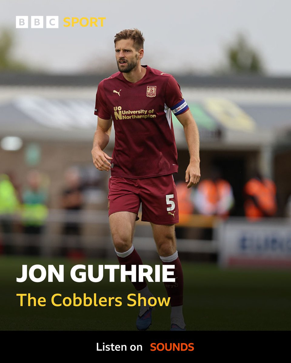 BBCSportNhants's tweet photo. The Cobblers Show 👞

@ntfc captain Jon Guthrie is live this evening. Send him your questions ⬇️

Also:
- Crewe Review 🔴
- Hogg on Transfers 💰
- New Man Nathan Opoku ⚽️
- Gillingham Away 🚌

6pm | @BBCNorthampton | @BBCSounds #ntfc https://t.co/Vi7dPBu3v3