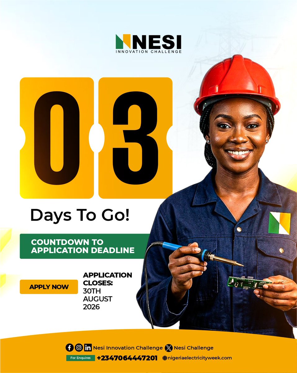 NESIChallenge's tweet photo. 3 DAYS TO GO! ⏳

The clock is ticking, and the opportunity to turn your energy innovation into impact is almost here.

Applications for the NESI Innovation Challenge 2026 close 30 August.

#nesiinnovationchallenge #nesiweek #energyinnovation #powersector #innovation https://t.co/HIIFoRgYZc