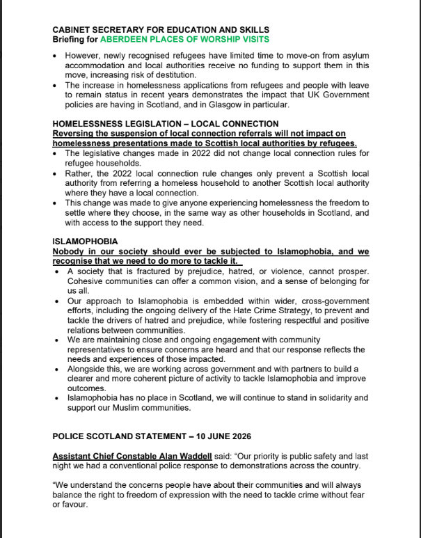 MyDugAlbie's tweet photo. pay attention to the redacted page.

On a ministerial visit brief, “Main issues / sensitivities” is the private page.

who is in the room and what they might raise,
live protest or disorder risk,
awkward questions on hotels, grooming, Nowak, and Glasgow.
what not to say

police or community-relations advice

That is why it is black. 
Let's try to get some transparency.