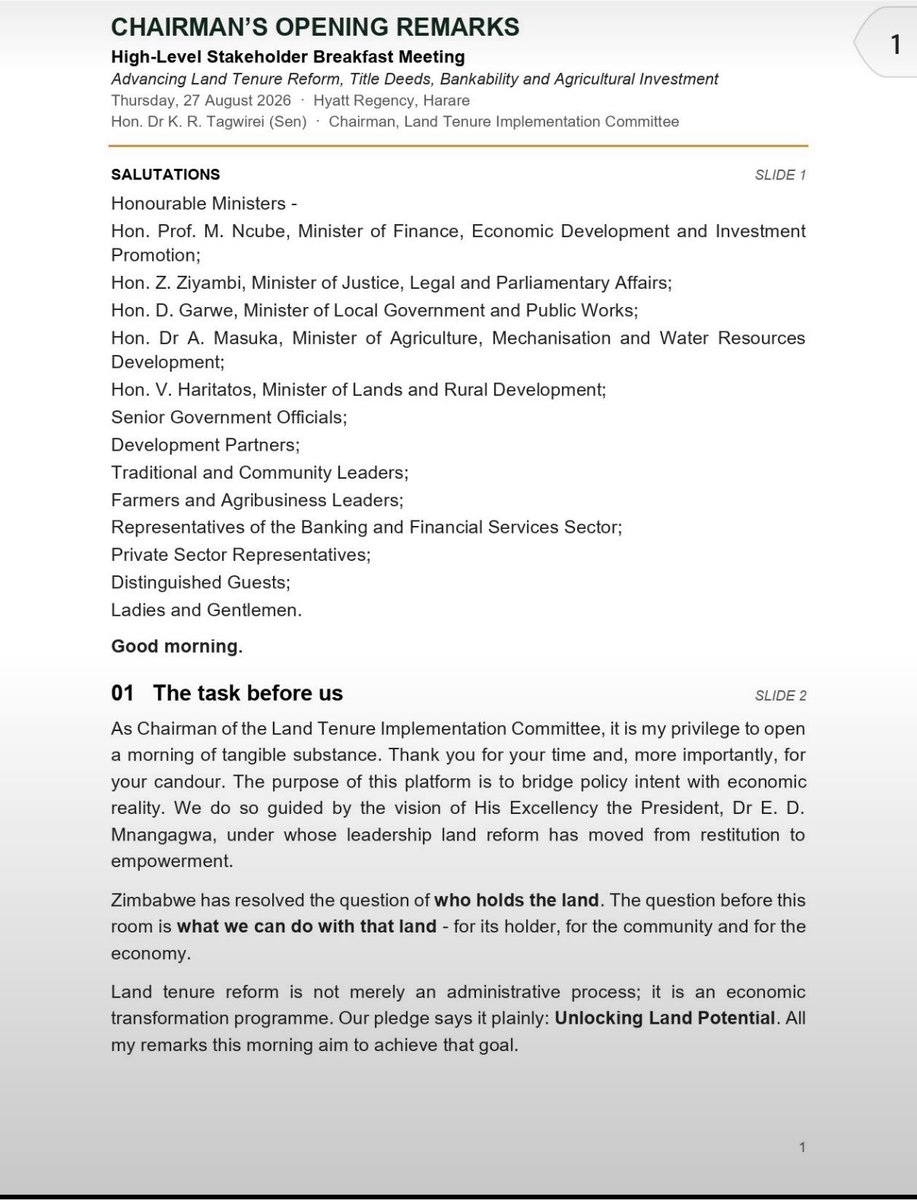 ZanuPfHuchi's tweet photo. The full speech from the Chairman of Land Tenure  Implementation Committee (@TenureLandZW), Hon. Senator Dr Tagwirei https://t.co/PAxvamIToJ