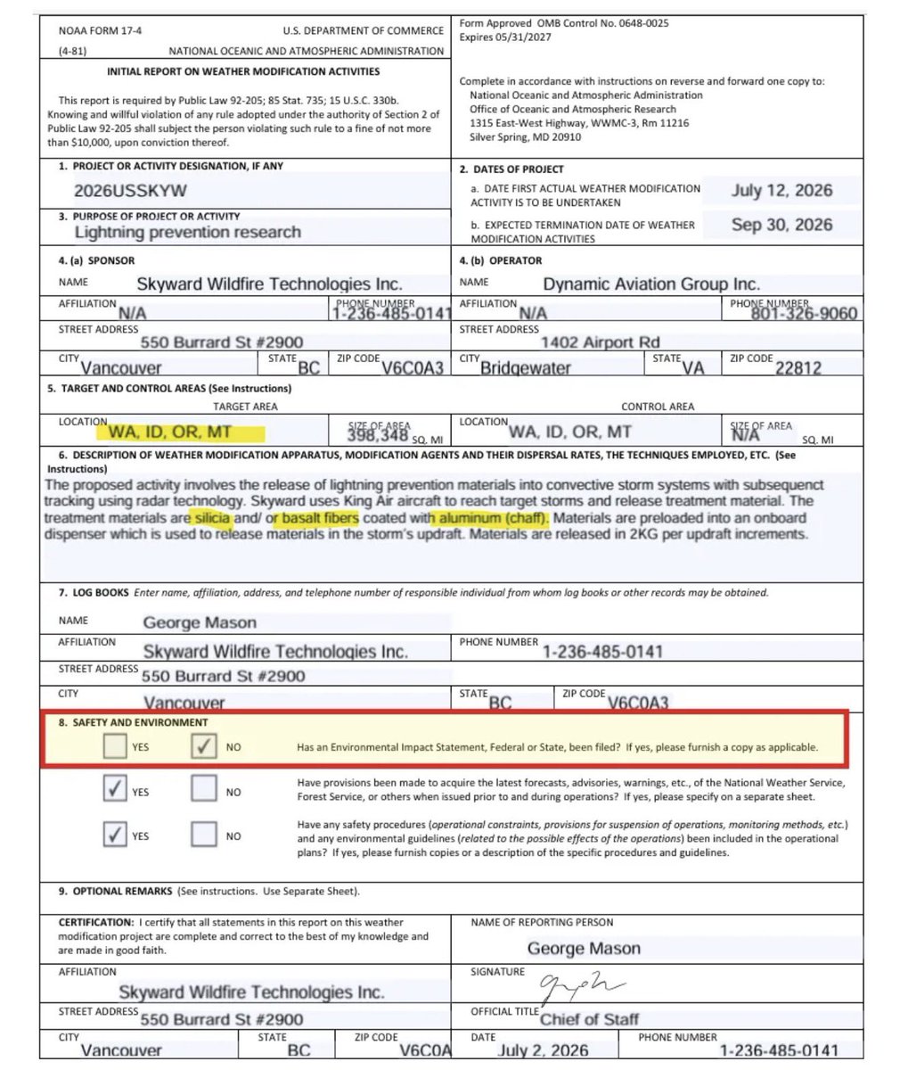 ReclaimOurSkies's tweet photo. ‼️1/4 CALL TO ACTION: ☣️Skyward Technologies experiments with aluminum coated CHAFF on OR, ID, AK, NC, MT, WA how to demand accountability in this thread. 

NOAA recent filings show experimental weather modification over ID, AK & NC using aluminum coated CHAFF, no public vote, permit, or consent. Just a NOAA application. Newest filings lump ID, WA, OR & MT together. 

⚠️ No safety or environmental impact statement (EIS) attached.

Demand accountability. Call & Email your President, State Governor, Attorney General, Surgeon General and your representative. Ask for an investigation and a halt until the public has consented and a full EIS is done.

Contacts and short scripts in the comments. Keep it short. Be polite. Persist.