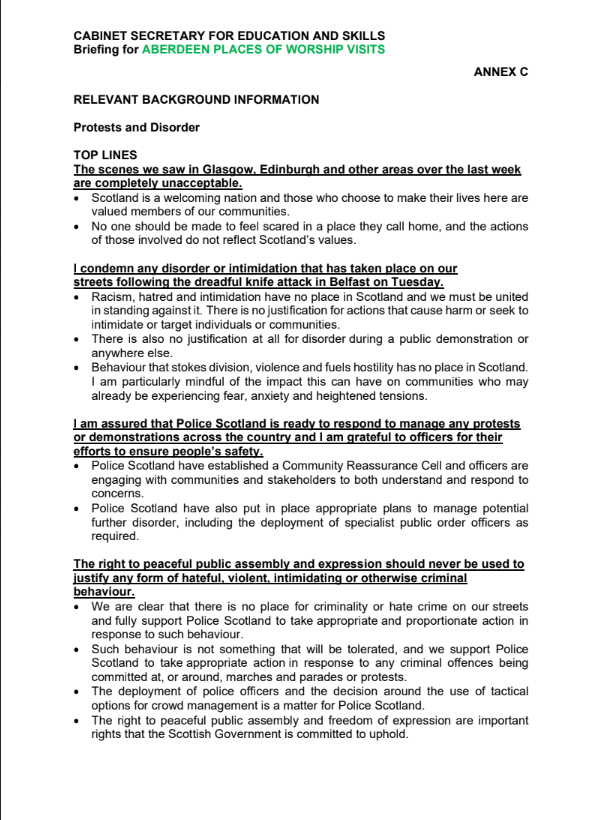 MyDugAlbie's tweet photo. “Heightened tensions.” Their words. Not mine.

Here is the 13th June Scottish Government briefing for a mosque visit in Aberdeen.

The minister did not walk in cold. She was handed a script full of the usual Welcoming nation talking points. 
Hate. Intimidation.
That's how they describe concerned citizens.

They'll wear the headscarf and take their shoes off but won't listen to YOU.
rest of FOI response in comments.