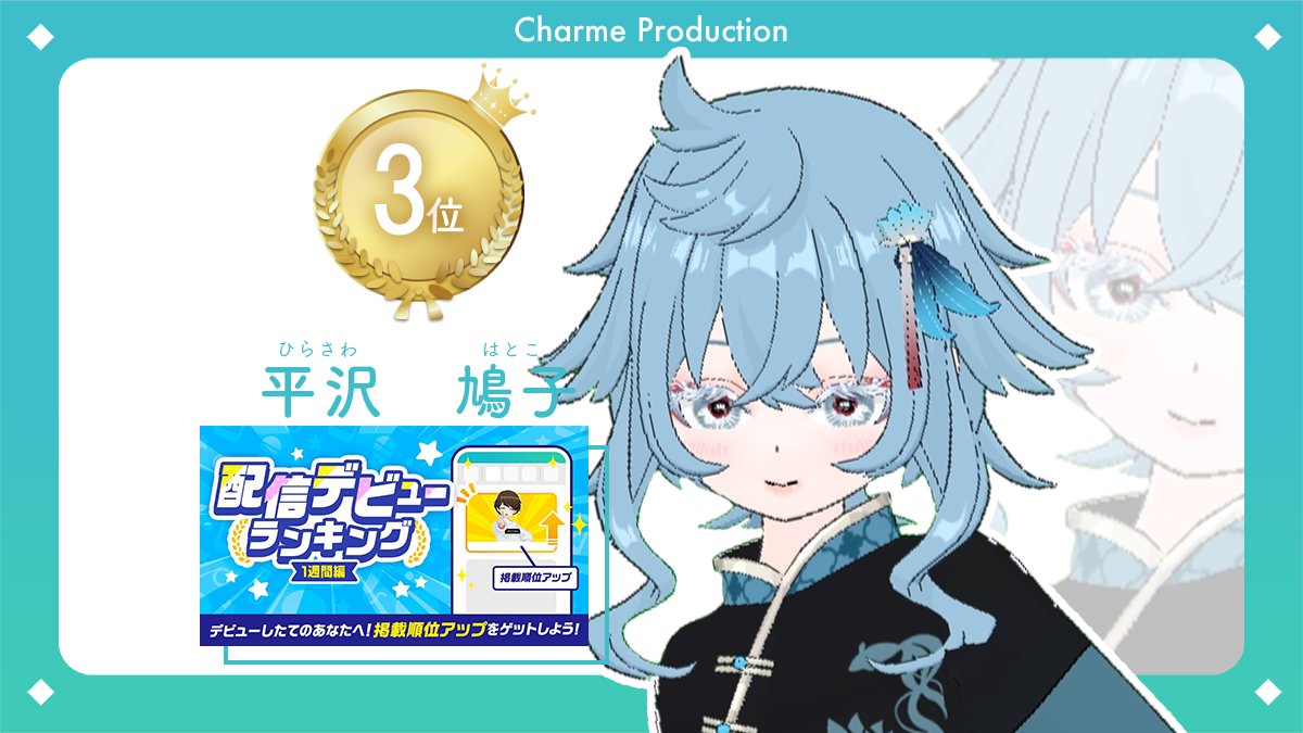 charme_ofcl's tweet photo. ━━━━🎖️━━━━
　  イベント入賞
━━━━🎖️━━━━

📅 開催期間：8/20〜8/23
🎯 イベント：配信デビューランキング1週間編

第3位　平沢 鳩子（ @hatoko_hirasawa ）

これからの活躍にもご注目ください！ https://t.co/jekgKvkwn2
