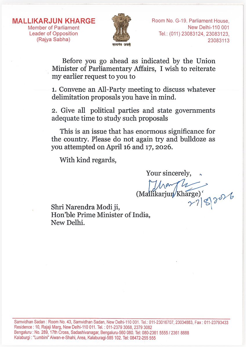 kharge's tweet photo. I have written to the PM Modi on delimitation, the delay in prorogation of the Monsoon Session of Parliament, and the likely special session mentioned by the Union Minister of Parliamentary Affairs in a television interview last evening.

Sharing the letter — https://t.co/UCFN5LI4WY