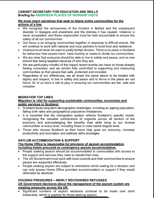 MyDugAlbie's tweet photo. “Heightened tensions.” Their words. Not mine.

Here is the 13th June Scottish Government briefing for a mosque visit in Aberdeen.

The minister did not walk in cold. She was handed a script full of the usual Welcoming nation talking points. 
Hate. Intimidation.
That's how they describe concerned citizens.

They'll wear the headscarf and take their shoes off but won't listen to YOU.
rest of FOI response in comments.