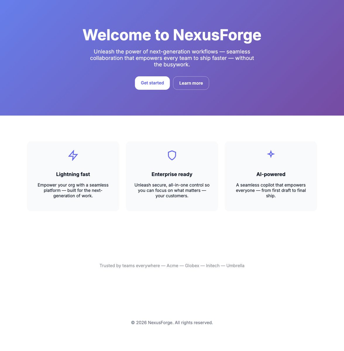 mcbbugu's tweet photo. This landing page scored 0/100. Inter, purple-indigo, gray-50 cards, "Welcome to NexusForge".

aftertaste screenshots a URL and scores AI slop. No API key.
https://t.co/ZZuQyXBl6R https://t.co/4kK6LJnDPZ