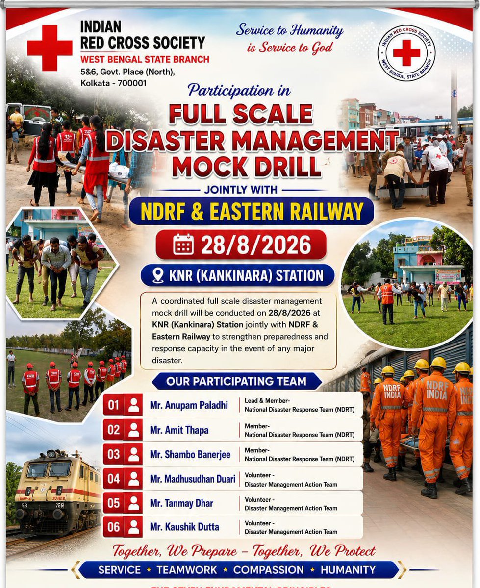 IrcsBengal's tweet photo. The Indian Red Cross Society, WB State Branch, is pleased to participate in the Full Scale Disaster Management Mock Exercise at KNR (Kankinara) Railway Station on 28th August 2026, in coordination with @ndrfindia and @easternheadquarters
#IndianRedCross #ircswb #disastermanage https://t.co/VzxFVEz5o3