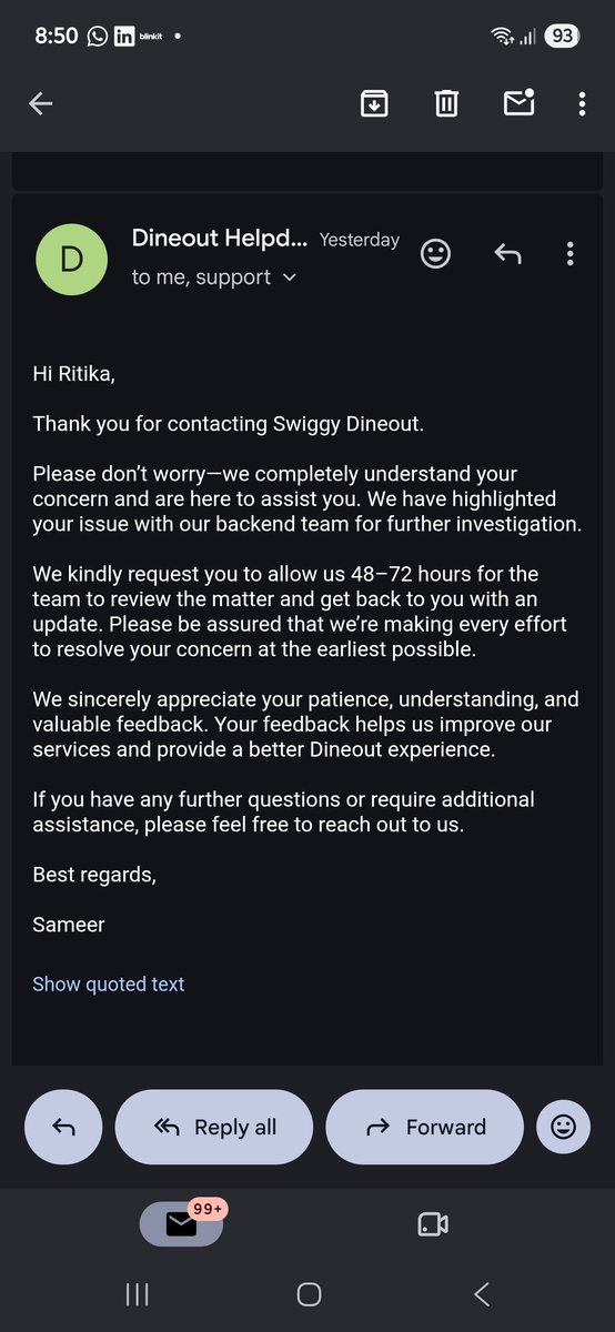 RChangia's tweet photo. @Swiggy @swiggydineout refund of a pymt mistakenly made on Aug 15 to Roastery Dwarka instead of Roastery Sarvodaya is pending for the past 2 weeks even after all relevant info provided in a timely manner.

Should it be escalated to consumer court for resolution. https://t.co/tVrXZHdbkm