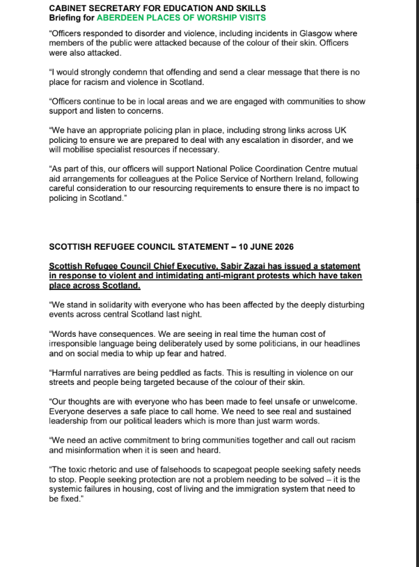 MyDugAlbie's tweet photo. pay attention to the redacted page.

On a ministerial visit brief, “Main issues / sensitivities” is the private page.

who is in the room and what they might raise,
live protest or disorder risk,
awkward questions on hotels, grooming, Nowak, and Glasgow.
what not to say

police or community-relations advice

That is why it is black. 
Let's try to get some transparency.