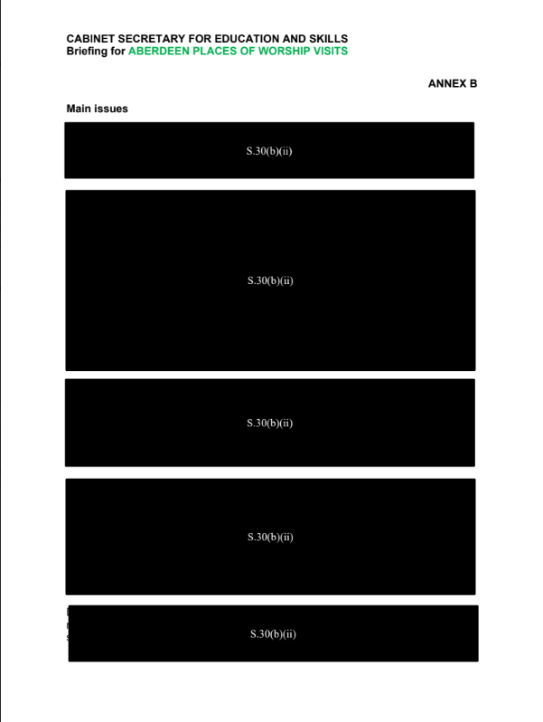 MyDugAlbie's tweet photo. pay attention to the redacted page.

On a ministerial visit brief, “Main issues / sensitivities” is the private page.

who is in the room and what they might raise,
live protest or disorder risk,
awkward questions on hotels, grooming, Nowak, and Glasgow.
what not to say

police or community-relations advice

That is why it is black. 
Let's try to get some transparency.