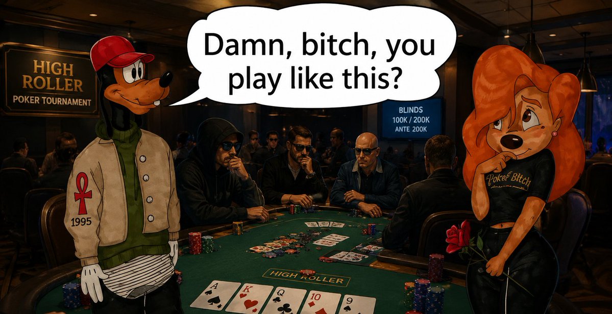 wrongsidehq's tweet photo. Anonymous guy named Goofy just beat a final table of high-rollers for $1M and never showed his face.

seems like a group of serious pros got owned by a cartoon dog in a most disrespectful win of the decade https://t.co/jMpC9bMhC9
