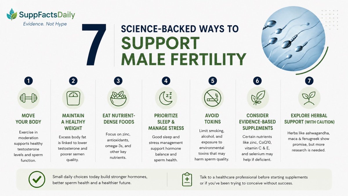 SuppFactsDaily's tweet photo. Trying to improve male fertility? Start with the basics. 👀

Nutrition, lifestyle &amp; certain nutrients can influence sperm health. Supplements aren't a magic fix.

Full Breakdown: https://t.co/ECirQuVZUV 
Insta: https://t.co/8xJ0ojlofb
#Malefertility #Evidence #Male https://t.co/U7FNN4bxir