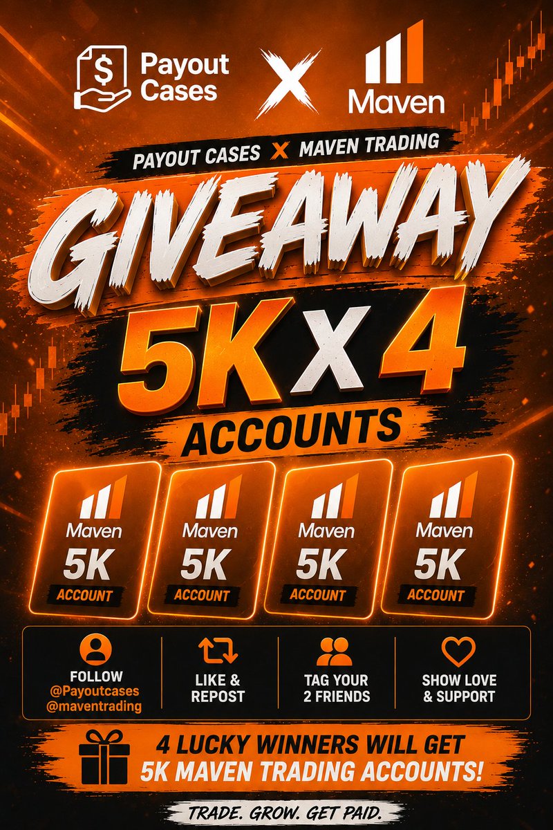 PayoutCases's tweet photo. 🎁 **GIVEAWAY** 🎁

To celebrate my partnership with @maventrading   I am giving out **4 × $5K Accounts!** 💰

**To Enter:**

🔹 Follow
@Maventrading  || @shash19682 || @payoutcases

🔹 Like, Repost & Tag 2 traders.

🔹 Turn on notifications 🔔

🏆 Winners will be selected using **TheXPicker**.

Good luck, traders! 🤝🔥