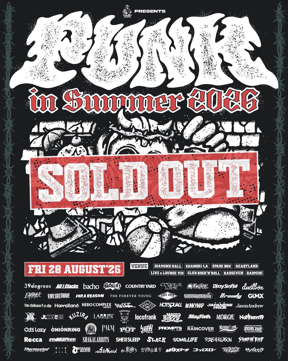 TRUST_RECORDS's tweet photo. 【🏝️ラストチャンス🏝️】

TRUST RECORDS presents.
PUNK IN SUMMER 2026

8/28(金)
名古屋8会場

今年もソールドアウトのパンサマ🏄

チケット予約流れにより少量復活🫢
残り20枚！
これが売り切れたら当日券無し⚠️

🎫 : 一般発売中
https://t.co/ejJHRHcrYQ

HP
https://t.co/EJ3kMXHUEZ https://t.co/90HaXNQIuO