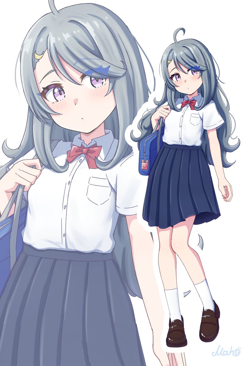 corotonton5150's tweet photo. わたしのオリキャラシリーズ（一次創作）に、新しいメインキャラを追加しました！
名前は「秋森ユメ（Yume Akimori）」です🌙

【おもな設定】
●名前:秋森ユメ（Yume Akimori）
●夏川ルミたちの同級生
●性格：いつもぼーっとしている不思議っ子。ほわ〜っとしているが、じつは物知りな一面も。私生活は破綻気味…
●ボディ：身長は低め。銀髪のロングカールヘア＋月のヘアピンを着用
●好きな音楽：アコースティック系、チル、自然環境音、ARISU など

春野モモカ、夏川ルミ、秋森ユメ、冬海レイナの4人がメインメンバーです✌️
今後ともユメちゃんをよろしくお願いします～🙇