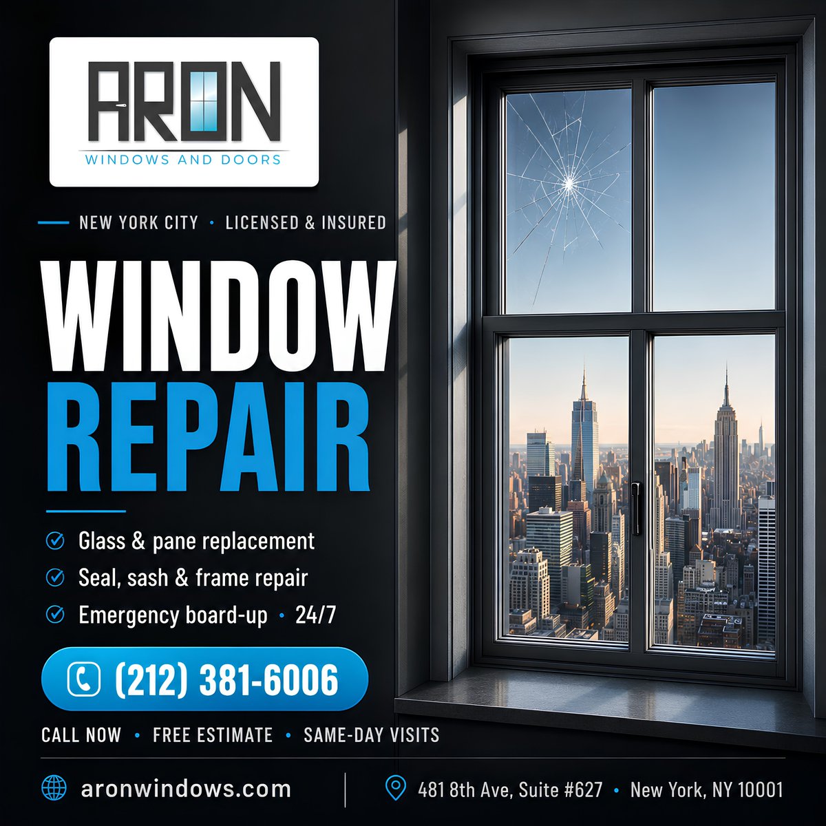 aronwindow's tweet photo. Cracked glass or damaged window frames? Aron Windows &amp; Doors Inc provides reliable window repair in New York City for homes and businesses. Call (212) 381-6006 for a free estimate.

https://t.co/lWDy3np5PG
481 8th Ave suite #627, New York, NY 10001

#WindowRepair #NYC https://t.co/9BmLLaNYJr