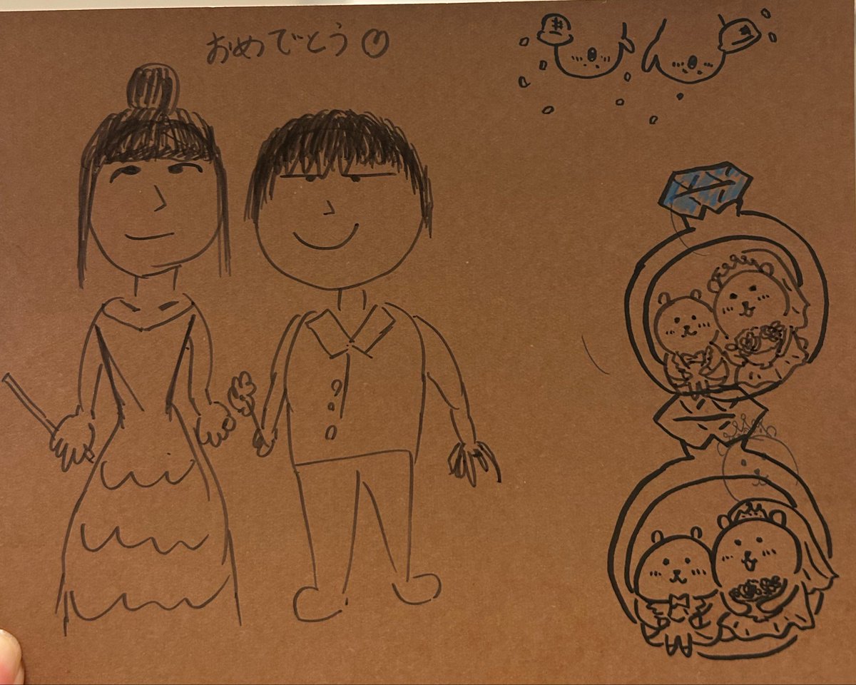 Susu_darake's tweet photo. 友達の結婚式の招待状にクマ描いた₍ᵔ· ̫·ᵔ₎
難しすぎて何回か練習……
ナガノさんってスゲェと思い知る
ちょっとは可愛く描けたかな！
似顔絵は夫画伯👨‍🎨 https://t.co/vp4naLwWdo