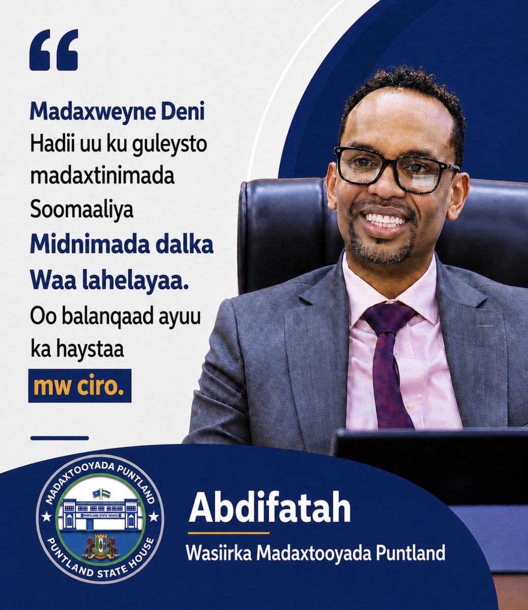 qalasplatform's tweet photo. 🚨 #BREAKINGNEWS: Puntland’s Minister of the Presidency said that if Said Abdullahi Deni wins Somalia’s presidency, he will restore Somalia’s unity, claiming he has a commitment from Somaliland President Abdirahman Irro on the matter. https://t.co/MsTE7PXVu3