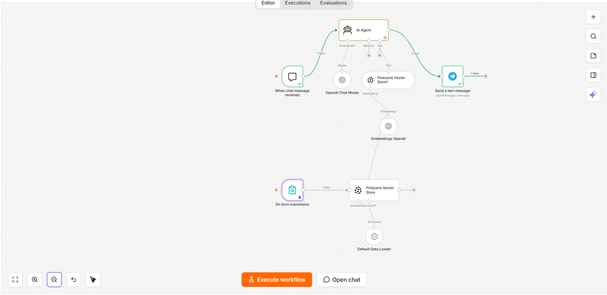1m1tor's tweet photo. Just built a RAG agent on @n8n_io 

Everything seems to be working perfectly.

I sent the docs through the n8n form and pinned it to avoid losing the information.

If I am to build this for a client, the form won't be used. I'll use the google drive node. https://t.co/DU0dlyxkSK