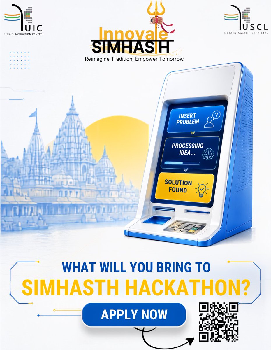UCenter70249's tweet photo. Bring your problem-solving mindset.
Build an innovative solution.
Create an impact that goes beyond the hackathon.

#InnovateSimhasth #Simhasth2028 #Ujjainincubationcenter #Ujjainsmartcity #incubationmasters #Hackathon #StartupIndia #TechForGood #Ujjain #InnovationForImpact https://t.co/gMbB77Pva9