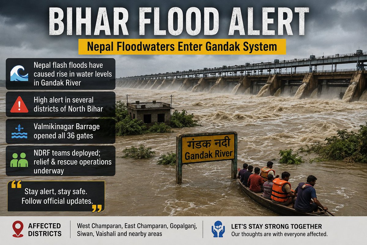 Apu8902's tweet photo. 🚨 BIHAR FLOOD ALERT 🇮🇳

Floodwaters linked to the Nepal situation have raised water levels in the Gandak River system, putting parts of North Bihar on alert.
#BiharFlood #Bihar #GandakRiver #NepalFlood #India #FloodAlert #DisasterRelief https://t.co/lPOQJseRBQ