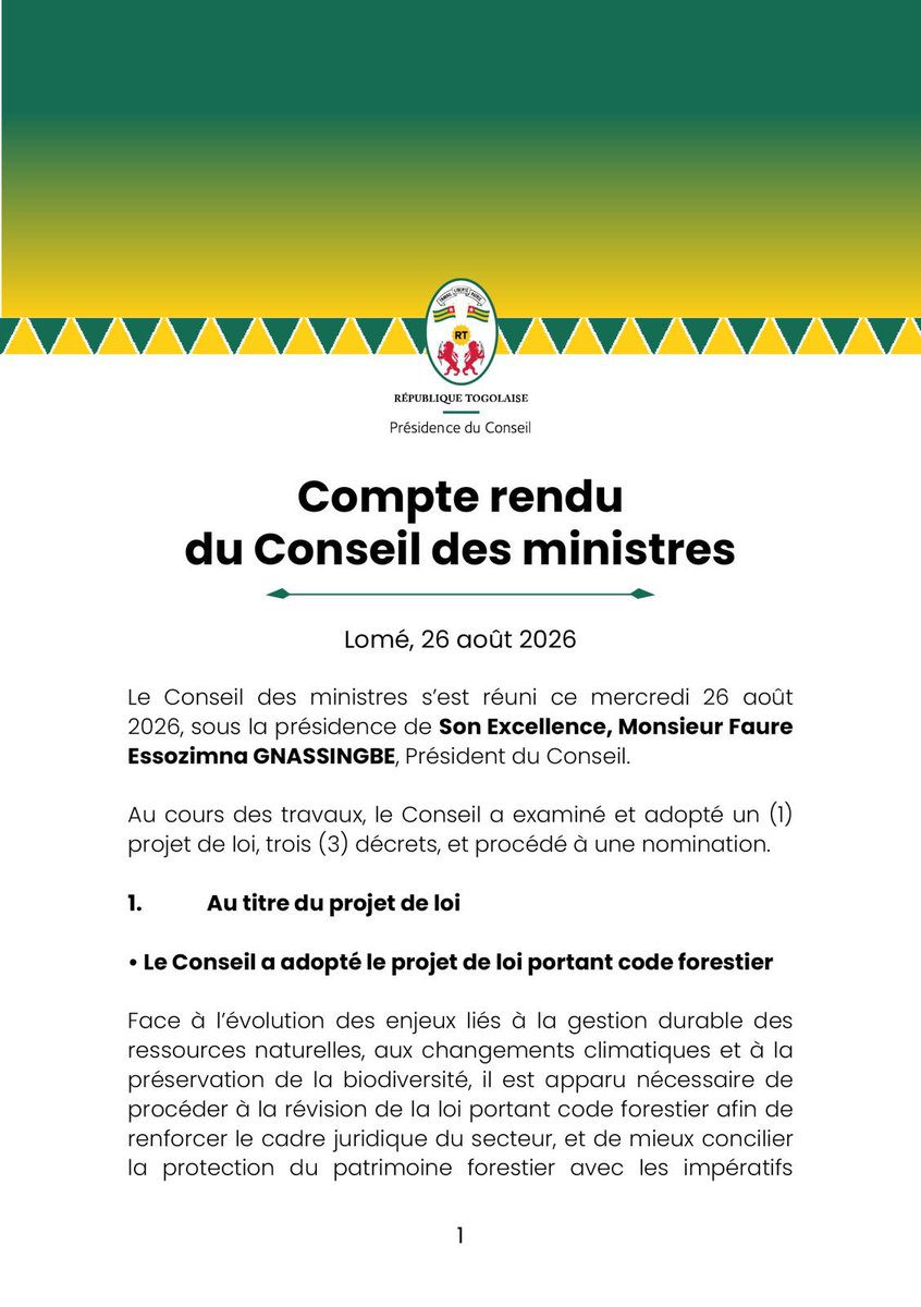 presidencecstg's tweet photo. Le Conseil des ministres s’est réuni ce mercredi 26 août 2026, sous la présidence de Son Excellence, Monsieur @FEGnassingbe, Président du Conseil.

Le compte rendu dans le communiqué ci-dessous. ⬇️ https://t.co/K7ZV4bN4mA