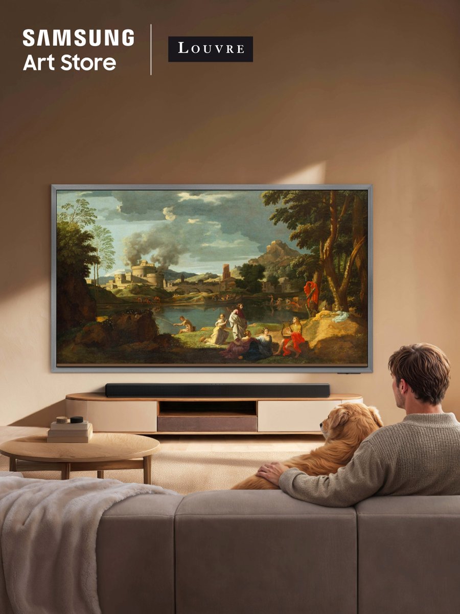"Orpheus and Eurydice" by Nicolas Poussin from the Samsung Art Store x Louvre collection displayed on Samsung OLED S95H, viewed by a man and his dog relaxing on a sofa in a cozy living room, featuring the Samsung Art Store and Louvre logos in the top left corner.