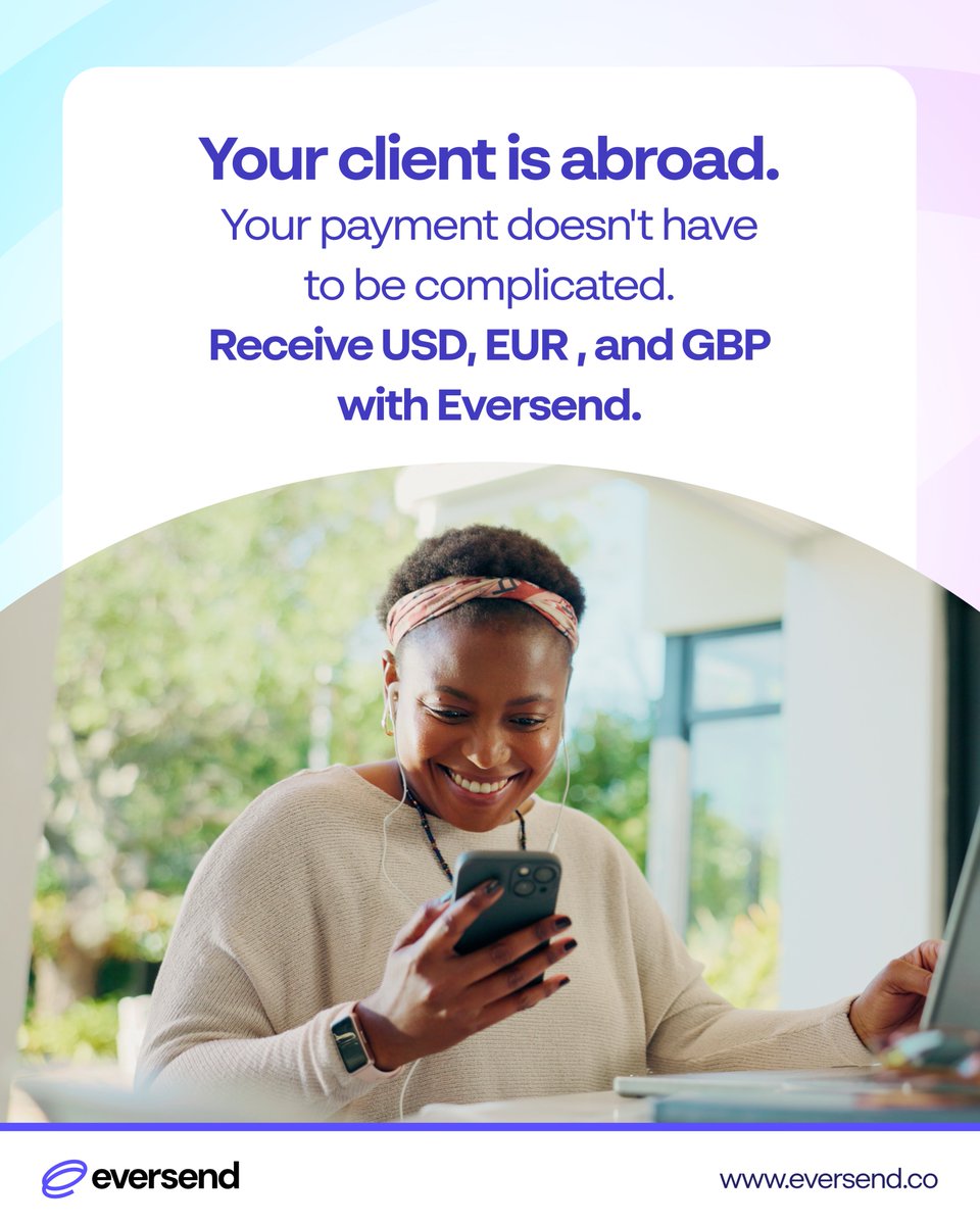 eversendapp's tweet photo. Working with clients abroad? Freelancing? Consulting? Running an online business?

Receive international payments in USD, EUR and GBP with Eversend, then manage your money from one app.

Work locally. Get paid globally. 🌍

Receive global payments today: https://t.co/Dy3tyujHIe

#GlobalPayments #Freelancers #Eversend