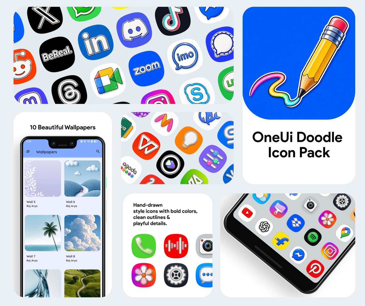 RajjAryaa's tweet photo. OneUI Doodle Icon Pack 
is officially LIVE on Google Play! 🎨✨ 

Give your setup the ultimate refresh with 1,040+
hand-drawn, super vibrant doodle icons + 10 beautiful wallpapers! 🖼️📱

🔗https://t.co/HT7r2MDeY8

To celebrate the launch, I’m giving away 10 FREE PROMO CODES! 🎁💥

1️⃣Like ❤️ 
2️⃣Retweet this tweet! 🔄  
3️⃣ Comment your favourite Icon👇👇
Let’s goooo! 🚀