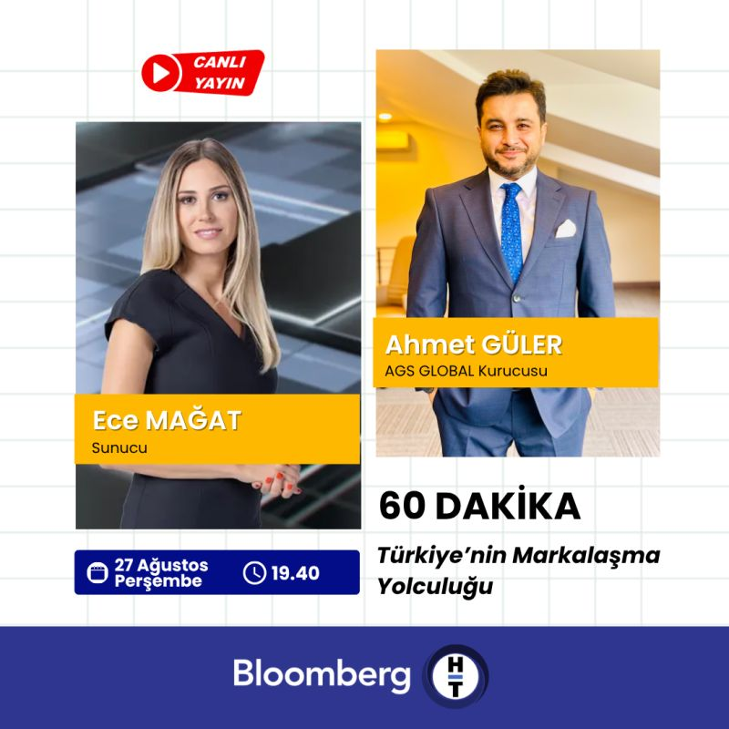 ags_global's tweet photo. 📢 Kurucumuz Ahmet Güler, bugün saat 19.40'da
#BloombergHT'de Sn. Ece Mağat 'ın sunduğu 60 Dakika programına konuk oluyor.
Konumuz; Türkiye’nin Markalaşma Yolculuğu 🇹🇷
Ekranlarınızın başına bekliyoruz 📺
#Turquality #MadeinTurkiye https://t.co/4q9BwCXCzC